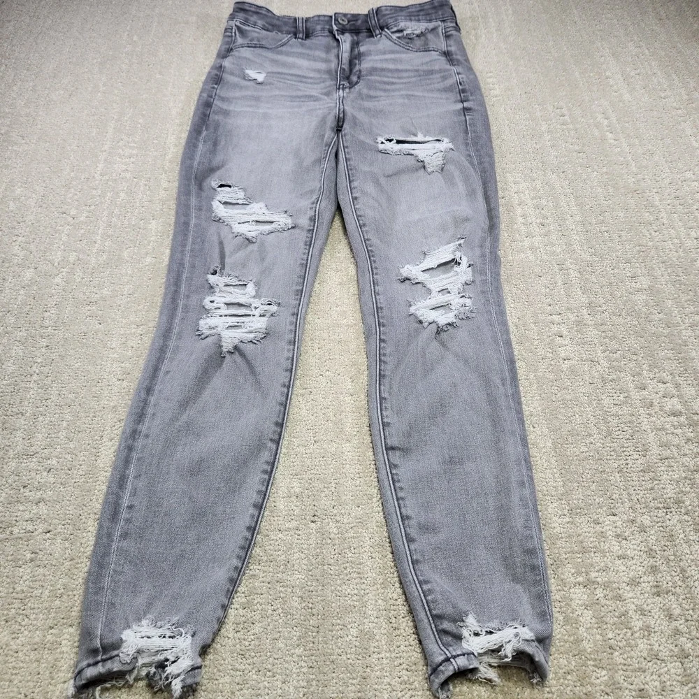 American Eagle Jeans Women 6 Short Super Hi Rise Jegging Stretch Distressed Gray